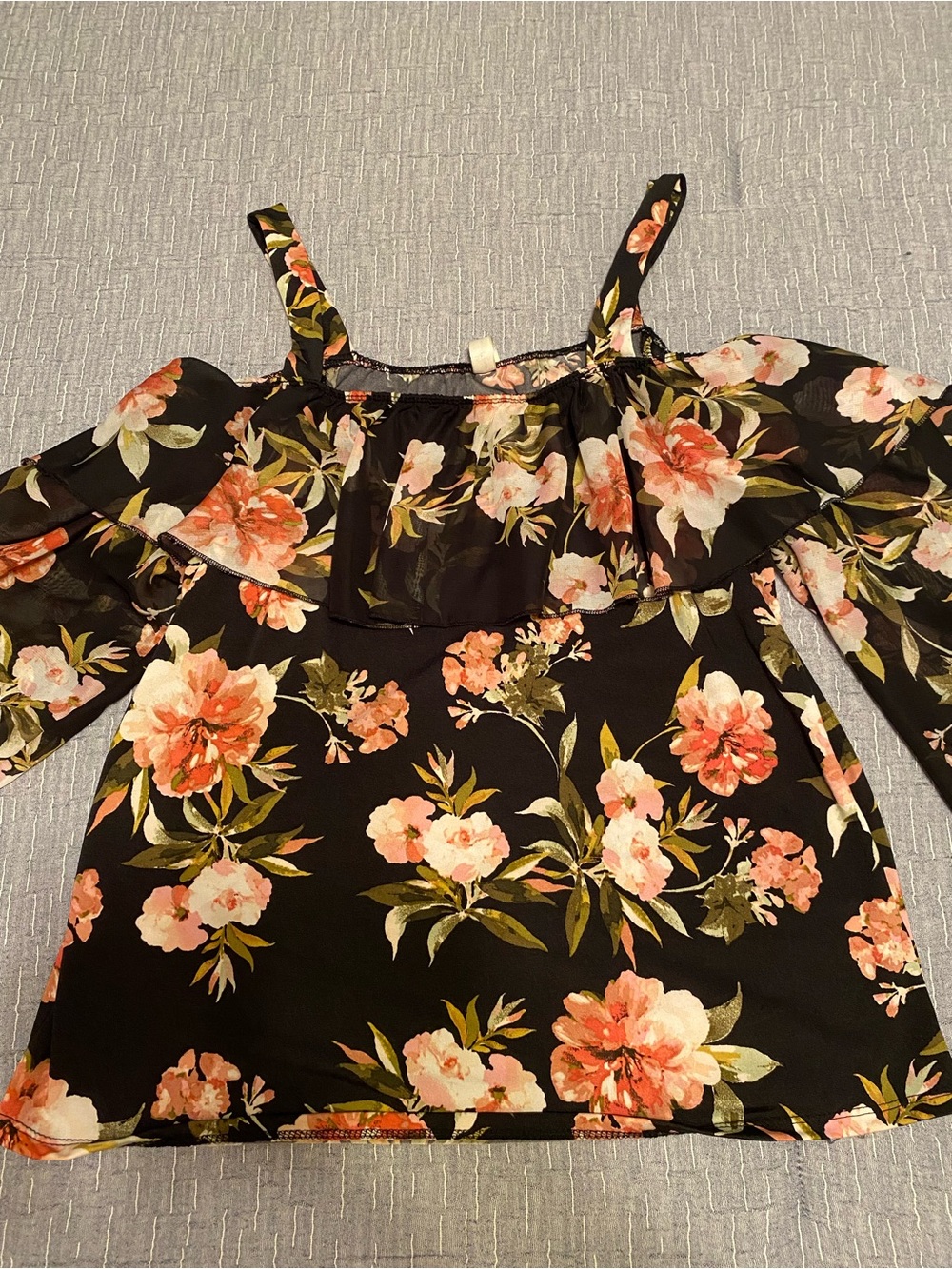 PerSeption Concept Black Floral Off-Shoulder Tank with Coral/Pink Blossoms